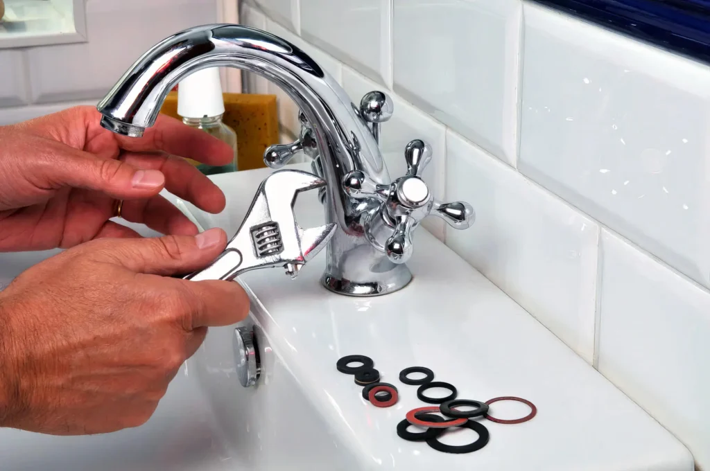 Plumber performing maintenance on a bathroom faucet in Dunedin