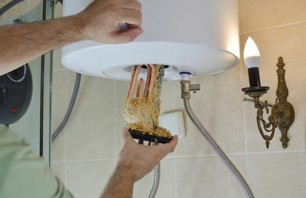 Technician removing mineral buildup from a water heater in Dunedin